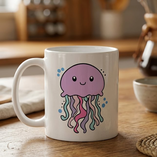 Söt leende Kawaii Baby Manet med Bubblor Kaffemugg (Cute smiling Kawaii Baby Jellyfish with Bubbles. Coffee Mug)