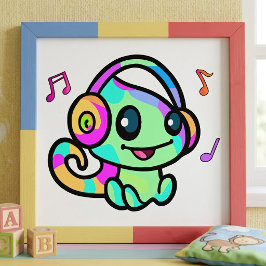 Söt leende Kawaii-babyckameleont med hörlurar Fototryck