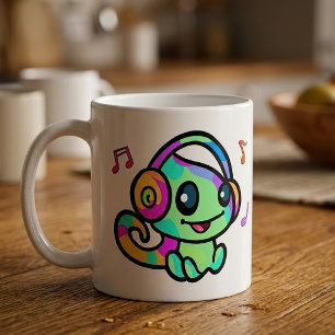 Söt leende Kawaii-babyckameleont med hörlurar Kaffemugg
