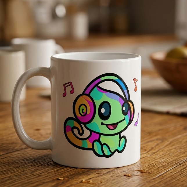 Söt leende Kawaii-babyckameleont med hörlurar Kaffemugg (Cute Smiling Kawaii Baby Chameleon With Headphones. Coffee Mug)