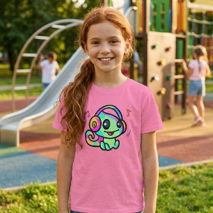 Söt leende Kawaii-babyckameleont med hörlurar T Shirt