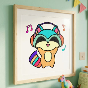 Söt leende Kawaii-babyvask med hörlurar Fototryck