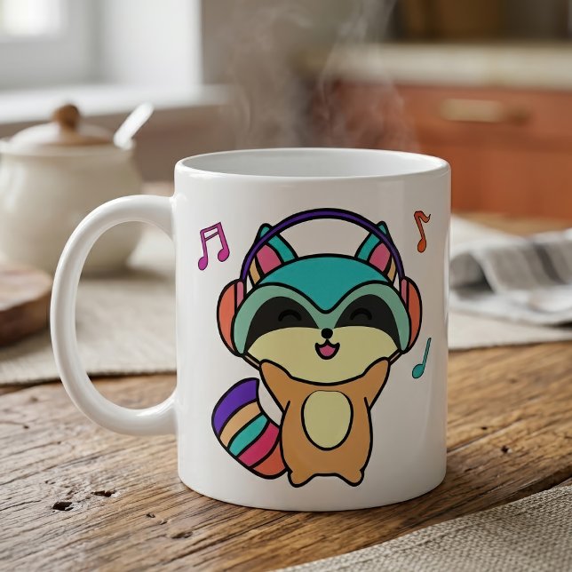 Söt leende Kawaii-babyvask med hörlurar Kaffemugg (Cute smiling Kawaii Baby Raccoon with Headphones. Coffee Mug)