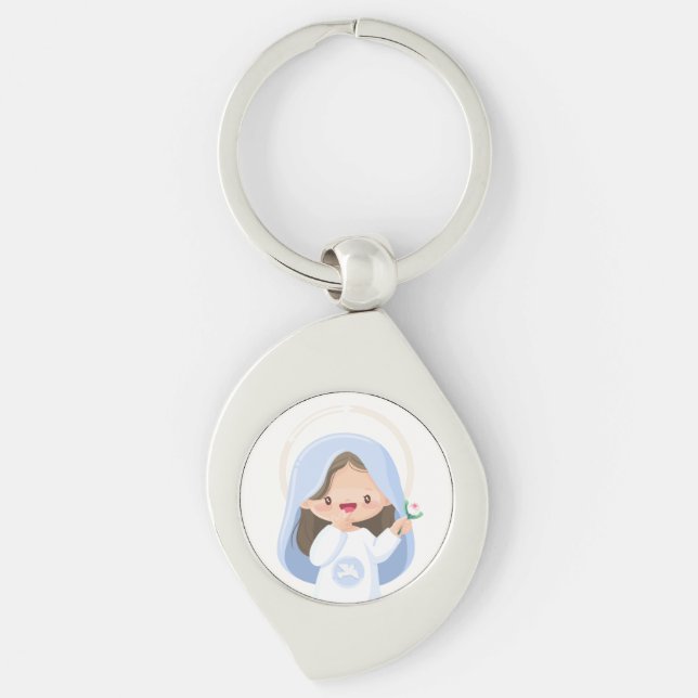 Söt leende Kawaii Jungfru Maria med blomma Swirl Silverfärgad Nyckelring (Framsidan)