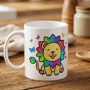 Söt leende Kawaii Lejon med Fjärilar Tecknad Film Kaffemugg