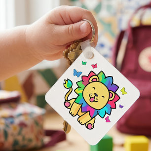 Söt leende Kawaii Lejon med Fjärilar Tecknad Film Nyckelring