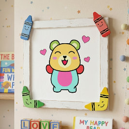 Söt leende Kawaii Nallebjörn med Kärlekshjärtan Fototryck