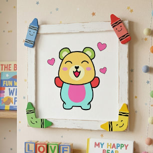 Söt leende Kawaii Nallebjörn med Kärlekshjärtan Fototryck