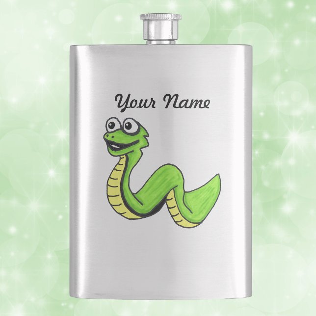 Söt leende tecknad grön gul orm fickplunta (Fun smiling green yellow snake big eyes on silver drinking flask.)