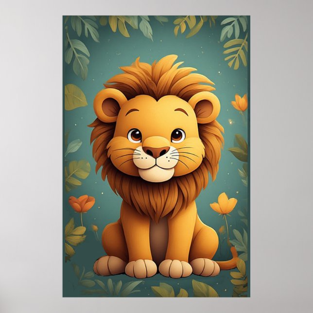 Söt Lejon Barnkammare Djungel Djur Barnkammare Dek Poster (Framsidan)