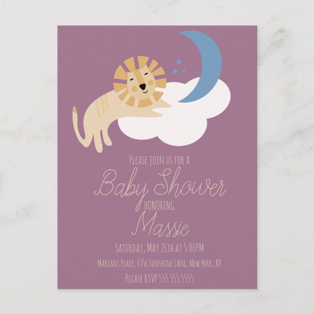 Söt Lejon Måne Moln Baby Shower Inbjudan Postca (Framsida)