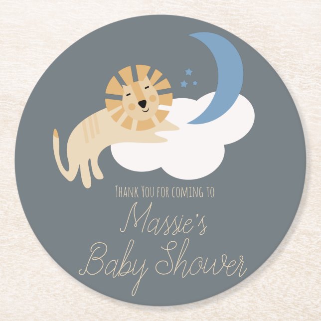 Söt Lejon Måne Moln Baby Shower Tack    Underlägg Papper Rund (Framsidan)