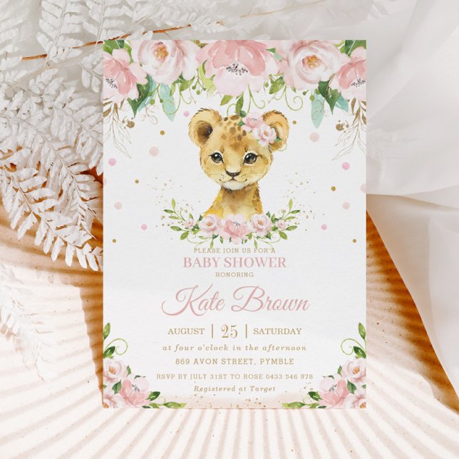 Söt Lejon  Rosa Blommigt Guld Baby Shower Inbjudningar (Skapare uppladdad)