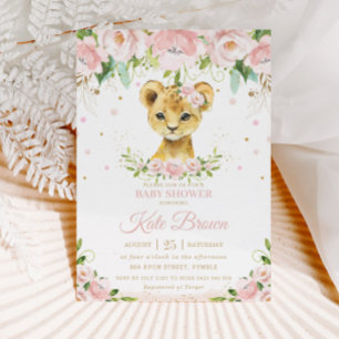 Söt Lejon Rosa Blommigt Guld Baby Shower Inbjudningar