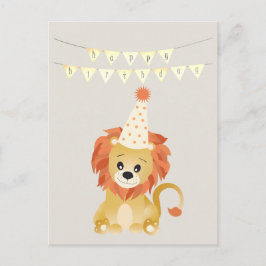 Söt lejon som bär födelsedagsfest hatt födelsedags vykort