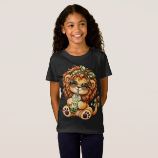 Söt Lejon som Dricker Matcha Boba Te T-Shirt Desig