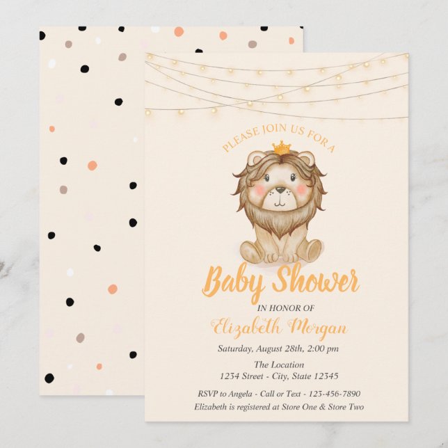 Söt Lejon, Strängljus, Prickar Baby Shower Inbjudningar (Fram/baksida)