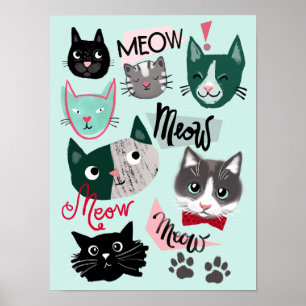 Söt lekstuga rolig katt ansikten barn rum poster g