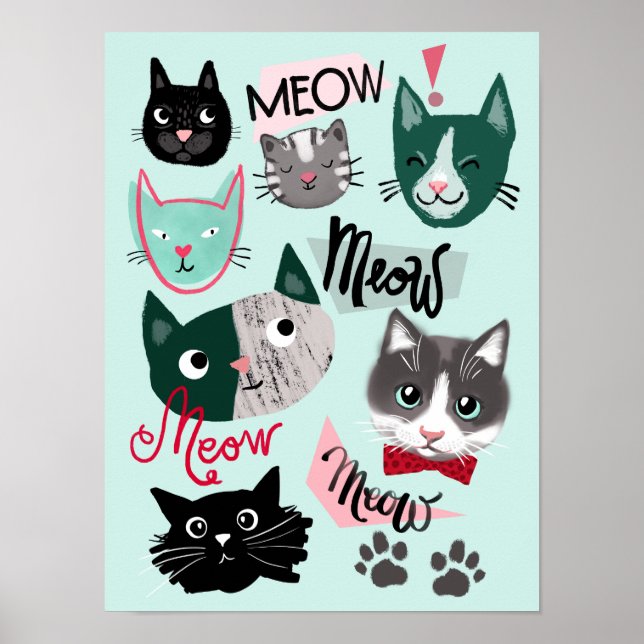 Söt lekstuga rolig katt ansikten barn rum poster g (Framsidan)