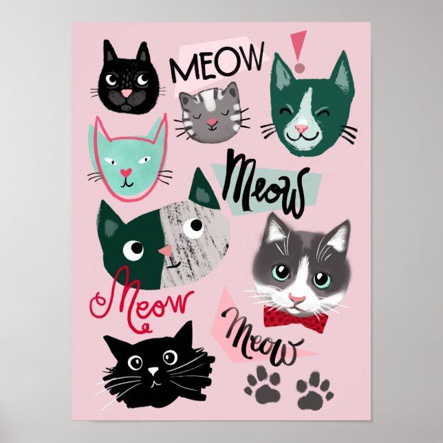 Söt lekstuga rolig katt ansikten barn rum poster r (Framsidan)