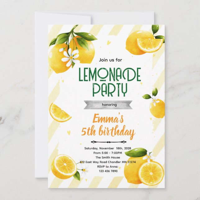 Söt lemonadfest tema inbjudan (Framsida)
