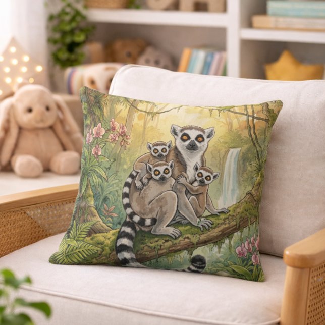 Söt Lemur-Mamma Och Bebisar Djungeldjur  Kudde (Skapare uppladdad)