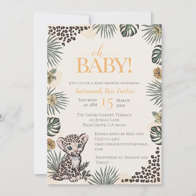 Söt leopard safari könsneutral baby shower inbjudningar (Framsida)