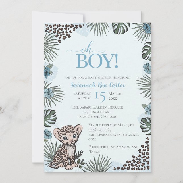 Söt leopard safari pojke baby shower inbjudningar (Framsida)