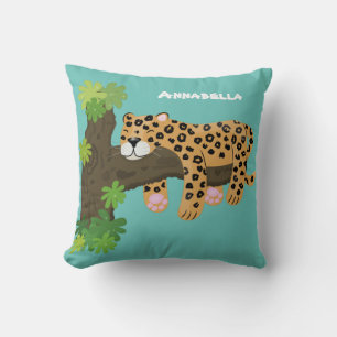 Söt leopard som sover i träd serieteckning illustr kudde