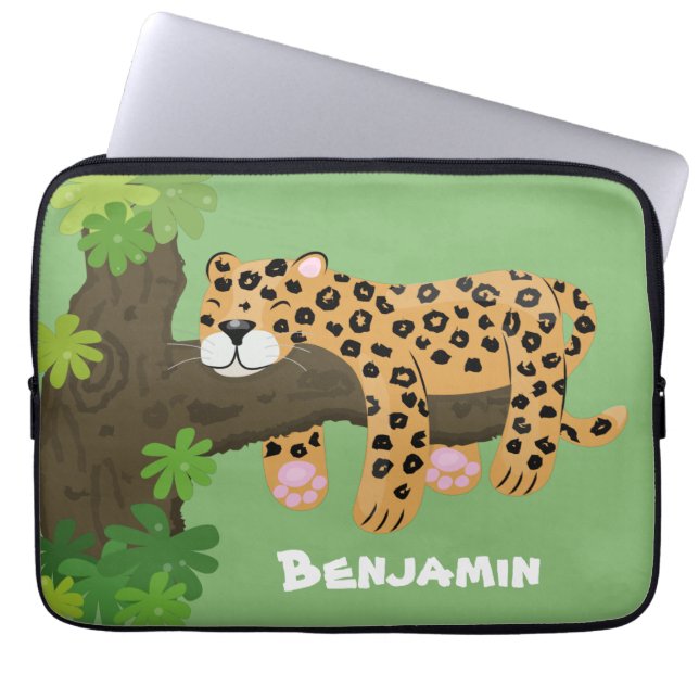 Söt leopard som sover i träd serieteckning illustr laptop fodral (Framsidan)