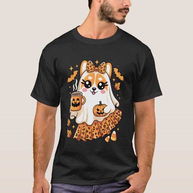 Söt Leopard Spök Corgi Hund Dricker Kaffe Hallo T Shirt (Framsida)
