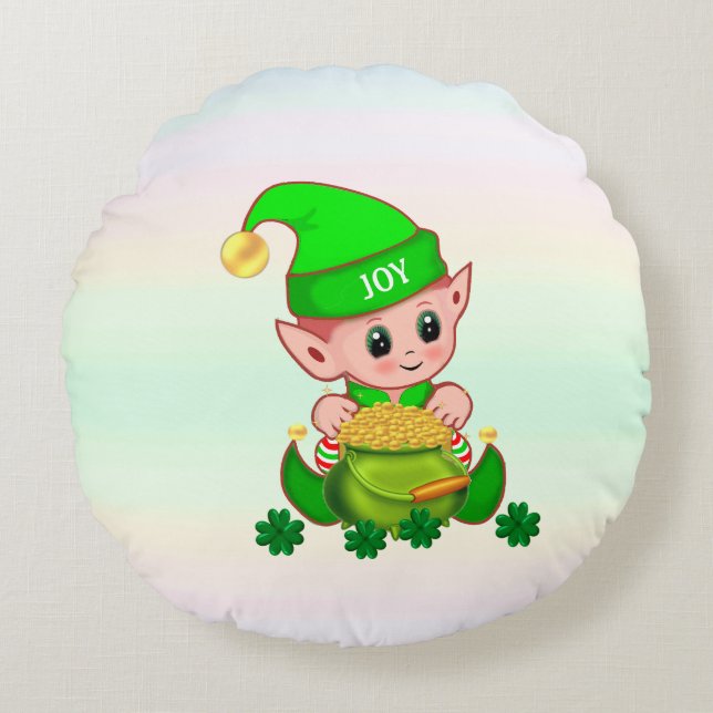 Söt leprechaun, guldgryta & lyckosamma shamrocker rund kudde (Framsidan)