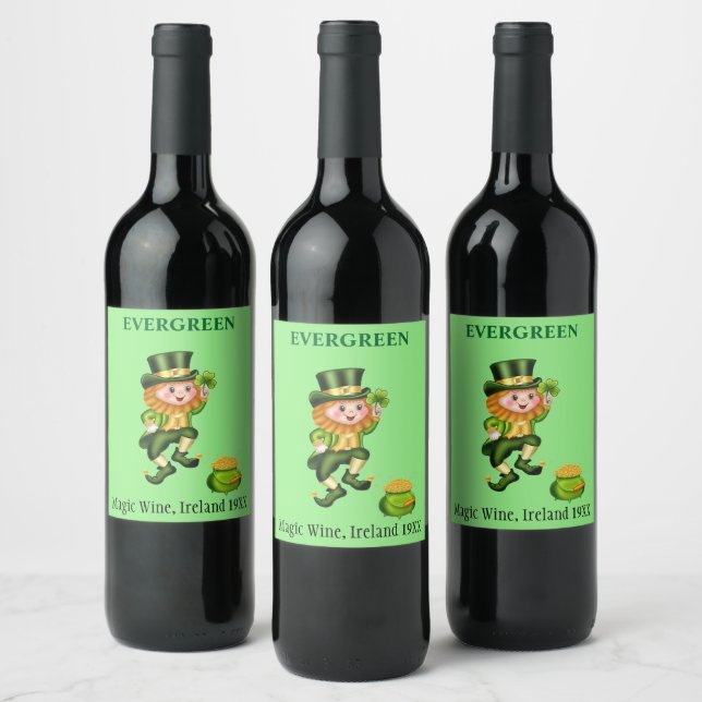 Söt leprechaun & guldgryte på limegrön vinflaska etikett (Flaskor)