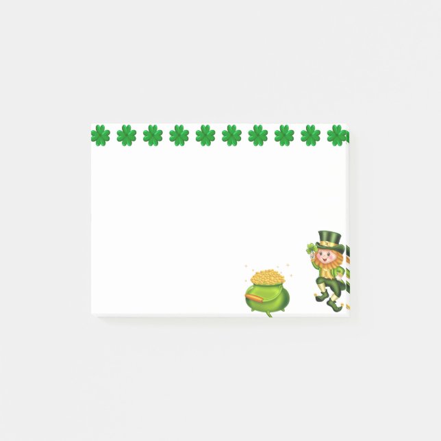 Söt leprechaun, lyckliga shamrocks & guldgryta post-it block (Framsida)