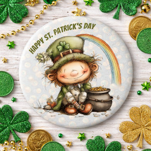 Söt Leprechaun med guldgryta och regnbåge Knapp