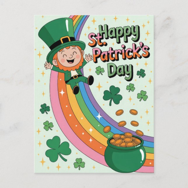 Söt Leprechaun med regnbåge St. Patrick's Day Vykort (Framsida)