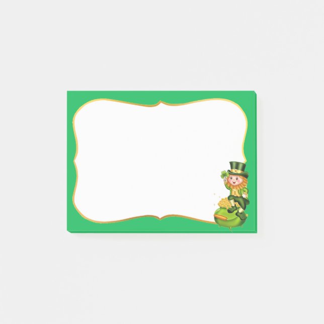 Söt leprechaun och guldgryta på grönt post-it block (Framsida)