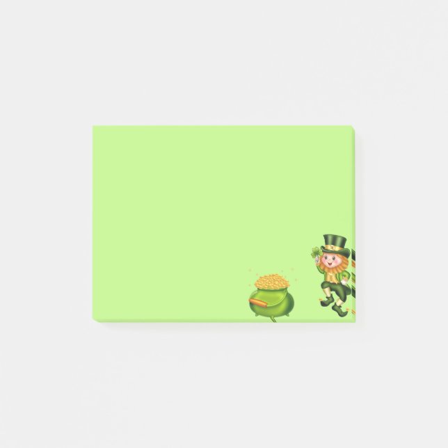 Söt leprechaun och guldgryta på limegrön post-it block (Framsida)