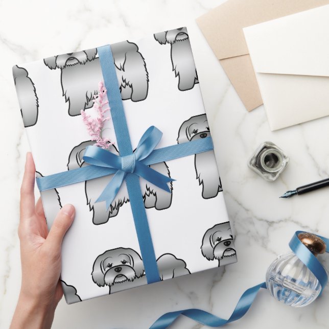 Söt Lhasa Apso Tecknad Hundmönster i Silver Presentpapper (Gifting)