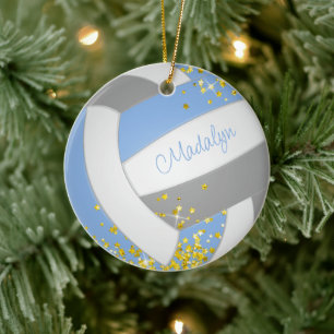 söt light blue grått volleyball w guld stars julgransprydnad keramik