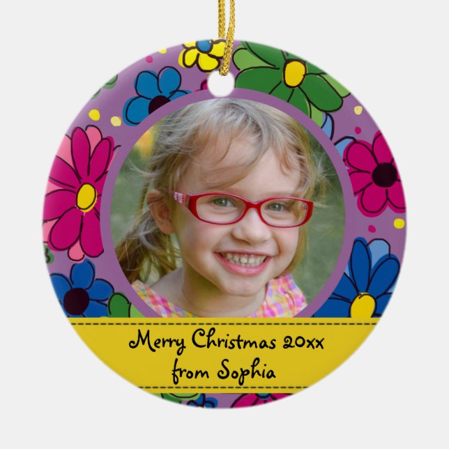 Söt lila blomma barnets fotoram jul julgransprydnad keramik (Framsidan)