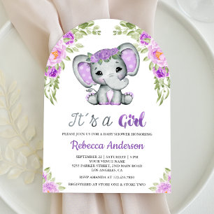 Söt lila blommande elefantbåge baby shower inbjudningar