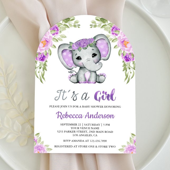 Söt lila blommande elefantbåge baby shower inbjudningar (Skapare uppladdad)