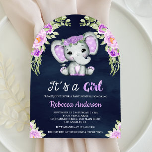 Söt Lila Blommig Elefantbåge Marin Nyfödd Babyfest Inbjudningar
