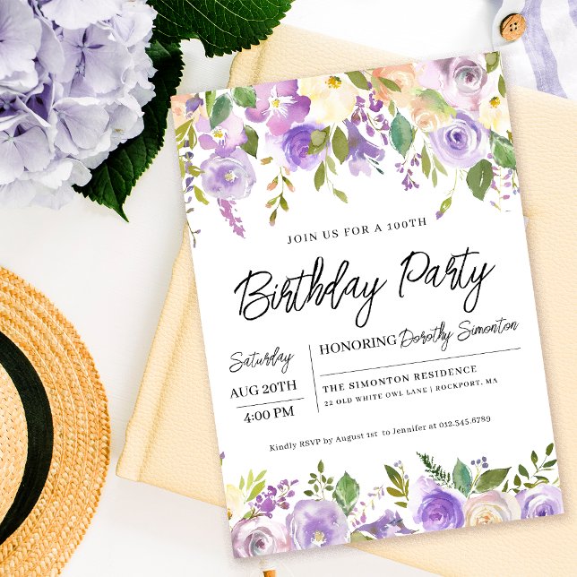 Söt Lila Blommigt 100:e Födelsedagsfesten Inbjudningar (Matching party supplies and welcome signs available. Message me for help finding them!)
