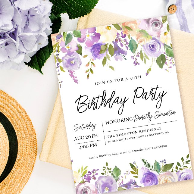 Söt Lila Blommigt 40:e födelsedag Party Inbjudningar (Matching party supplies, welcome signs and decor available. Message me for help finding them. )