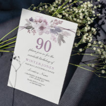 Söt Lila Blommigt 90:e Födelsedagsfesten Inbjudan