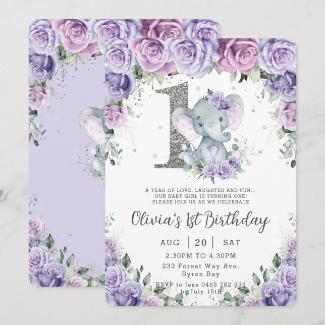 Söt Lila Blommigt Adsible Elephant 1st Birthday Inbjudningar (Fram/baksida)