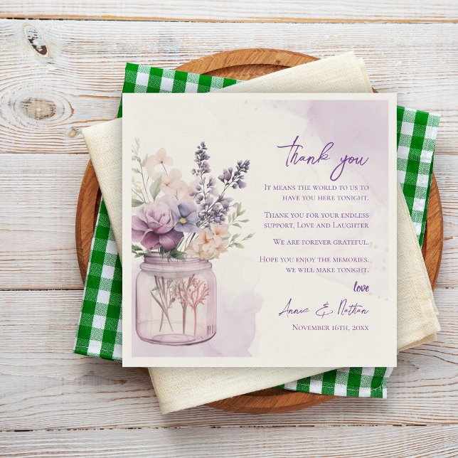 Söt Lila Blommigt Bröllop Tack, meddelande Pappersservett (Pretty Purple Floral Wedding Thank you Message Napkins)