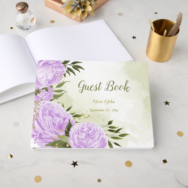 söt lila blommor grönt löv botaniskt gästböcker (Framsida Öppen)